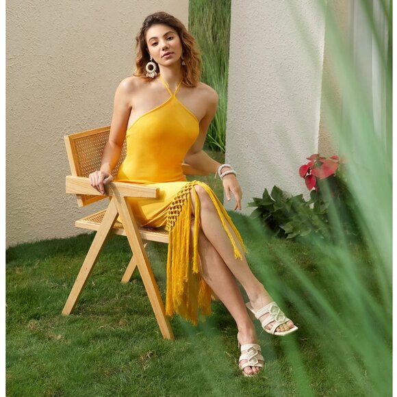 Yellow Halter Midi Dress with Fringe Hem | Size M - Picture 10 of 13